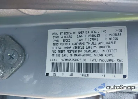 2005 Honda Accord 3.0 Ex from USA, damaged, VIN 1HGCM66505A073198